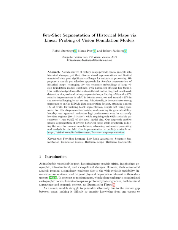 Few-Shot Segmentation of Historical Maps via Linear Probing of Vision Foundation Models